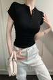 Real Shot Summer Korean-Style Slim-Fit Raglan Button Pleated Design Slimming Short-Sleeved Women's Solid Color Top T-shirt in Black