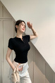 Real Shot Summer Korean-Style Slim-Fit Raglan Button Pleated Design Slimming Short-Sleeved Women's Solid Color Top T-shirt in Black