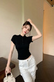 Real Shot Summer Korean-Style Slim-Fit Raglan Button Pleated Design Slimming Short-Sleeved Women's Solid Color Top T-shirt in Black
