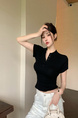 Real Shot Summer Korean-Style Slim-Fit Raglan Button Pleated Design Slimming Short-Sleeved Women's Solid Color Top T-shirt in Black