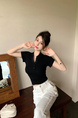 Real Shot Summer Korean-Style Slim-Fit Raglan Button Pleated Design Slimming Short-Sleeved Women's Solid Color Top T-shirt in Black
