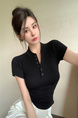 Real Shot Summer Korean-Style Slim-Fit Raglan Button Pleated Design Slimming Short-Sleeved Women's Solid Color Top T-shirt in Black