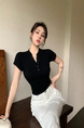 Real Shot Summer Korean-Style Slim-Fit Raglan Button Pleated Design Slimming Short-Sleeved Women's Solid Color Top T-shirt in Black