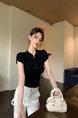 Real Shot Summer Korean-Style Slim-Fit Raglan Button Pleated Design Slimming Short-Sleeved Women's Solid Color Top T-shirt in Black
