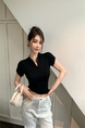 Real Shot Summer Korean-Style Slim-Fit Raglan Button Pleated Design Slimming Short-Sleeved Women's Solid Color Top T-shirt in Black