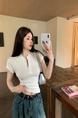 Real Shot Summer Korean-Style Slim-Fit Raglan Button Pleated Design Slimming Short-Sleeved Women's Solid Color Top T-shirt in White