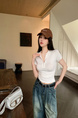 Real Shot Summer Korean-Style Slim-Fit Raglan Button Pleated Design Slimming Short-Sleeved Women's Solid Color Top T-shirt in White