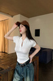 Real Shot Summer Korean-Style Slim-Fit Raglan Button Pleated Design Slimming Short-Sleeved Women's Solid Color Top T-shirt in White