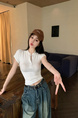 Real Shot Summer Korean-Style Slim-Fit Raglan Button Pleated Design Slimming Short-Sleeved Women's Solid Color Top T-shirt in White