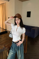 Real Shot Summer Korean-Style Slim-Fit Raglan Button Pleated Design Slimming Short-Sleeved Women's Solid Color Top T-shirt in White