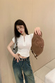Real Shot Summer Korean-Style Slim-Fit Raglan Button Pleated Design Slimming Short-Sleeved Women's Solid Color Top T-shirt in White