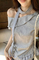 Women's Gray Korean-Style Irregular Off-Shoulder Short-Sleeved T-shirt Summer Plaid Stitching Slimming Oblique Shoulder Tops