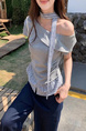 Women's Gray Korean-Style Irregular Off-Shoulder Short-Sleeved T-shirt Summer Plaid Stitching Slimming Oblique Shoulder Tops