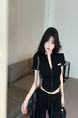 Real Shot Cost-Effective Slim Fit Slimming Hot Girl Zipper Cardigan Outerwear T-shirt Top for Women in Black