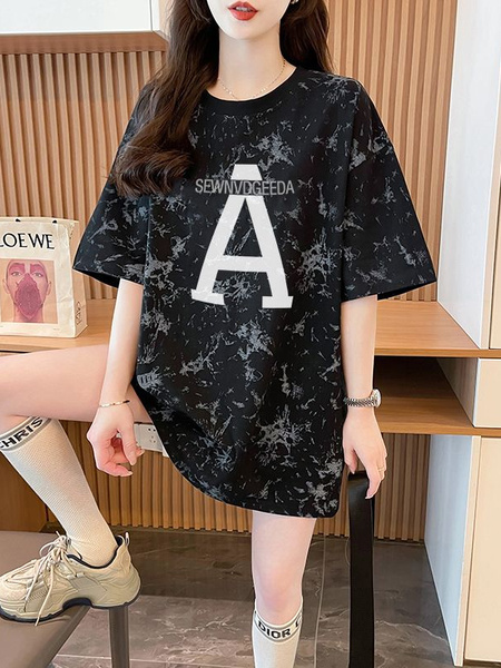 Real Shot of Douyin Quality/Pure Cotton/Back Collar/Loose Mid-Length Tie-Dye Fashion Top for Women in Black