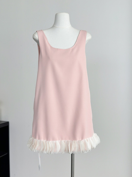 Sourcewithu Dai Li's Cat 2-Color Design Petal Vest Dress Stitching Flab Hiding Short Dress Women in Pink and White