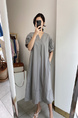 Korean Ins Summer V-Neck Loose Medium-Length Casual Slim Short-Sleeved Dress for Women with Pockets on Both Sides in Light Gray