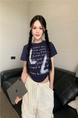 Real shot and real price 2025 summer new American letter pleated slim short versatile short-sleeved T-shirt tops for women in Dark Navy Blue