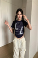 Real shot and real price 2025 summer new American letter pleated slim short versatile short-sleeved T-shirt tops for women in Dark Navy Blue
