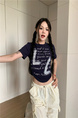 Real shot and real price 2025 summer new American letter pleated slim short versatile short-sleeved T-shirt tops for women in Dark Navy Blue