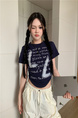 Real shot and real price 2025 summer new American letter pleated slim short versatile short-sleeved T-shirt tops for women in Dark Navy Blue
