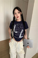 Real shot and real price 2025 summer new American letter pleated slim short versatile short-sleeved T-shirt tops for women in Dark Navy Blue
