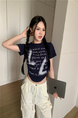 Real shot and real price 2025 summer new American letter pleated slim short versatile short-sleeved T-shirt tops for women in Dark Navy Blue