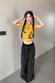 Real shot and real price 2025 summer new American letter pleated slim short versatile short-sleeved T-shirt tops for women in Bright Yellow