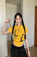 Real shot and real price 2025 summer new American letter pleated slim short versatile short-sleeved T-shirt tops for women in Bright Yellow