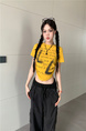 Real shot and real price 2025 summer new American letter pleated slim short versatile short-sleeved T-shirt tops for women in Bright Yellow