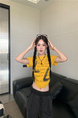 Real shot and real price 2025 summer new American letter pleated slim short versatile short-sleeved T-shirt tops for women in Bright Yellow