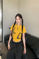 Real shot and real price 2025 summer new American letter pleated slim short versatile short-sleeved T-shirt tops for women in Bright Yellow