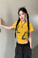 Real shot and real price 2025 summer new American letter pleated slim short versatile short-sleeved T-shirt tops for women in Bright Yellow