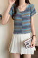 Real shot wholesale price 2025 summer new sweet and spicy style rainbow contrast striped lace knitted tops for women in Blue and Green.