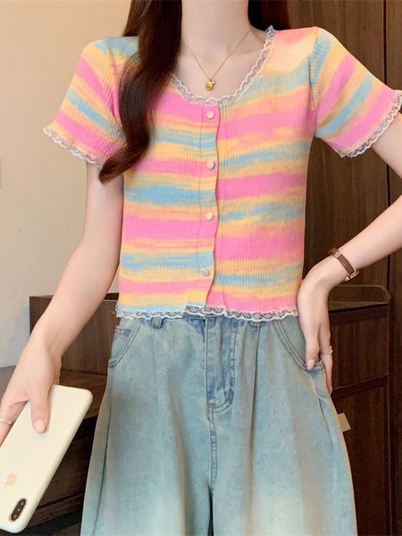 Real shot wholesale price 2025 summer new sweet and spicy style rainbow contrast striped lace knitted tops for women in Pink, Blue, and Yellow.