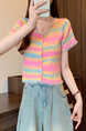 Real shot wholesale price 2025 summer new sweet and spicy style rainbow contrast striped lace knitted tops for women in Pink, Blue, and Yellow.