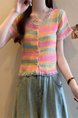 Real shot wholesale price 2025 summer new sweet and spicy style rainbow contrast striped lace knitted tops for women in Pink, Blue, and Yellow.