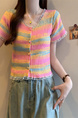 Real shot wholesale price 2025 summer new sweet and spicy style rainbow contrast striped lace knitted tops for women in Pink, Blue, and Yellow.