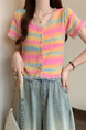 Real shot wholesale price 2025 summer new sweet and spicy style rainbow contrast striped lace knitted tops for women in Pink, Blue, and Yellow.