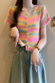 Real shot wholesale price 2025 summer new sweet and spicy style rainbow contrast striped lace knitted tops for women in Pink, Blue, and Yellow.