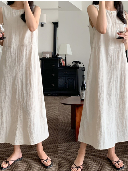 Korean Chic Retro Round Neck Open Line Backless Design Loose Long Vest Cotton and Linen Dress for Women - Light Beige