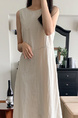 Korean Chic Retro Round Neck Open Line Backless Design Loose Long Vest Cotton and Linen Dress for Women - Light Beige
