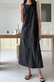 Korean Chic Retro Round Neck Open Line Backless Design Loose Long Vest Cotton and Linen Dress for Women - Black