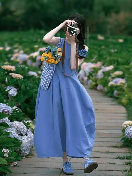 High Quality and Quality! Elegant Light Blue Vest Dress Women's Summer New Design Sense Waist Slimming A-line Dress