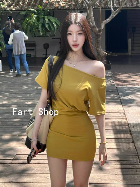 Yellow Shoulder Short-Sleeved T-shirt Dress Women's Summer Design Slim Fit Waist-Slimming Dress Hot Girl Style Hip Skirt - MUSTARD