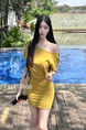 Yellow Shoulder Short-Sleeved T-shirt Dress Women's Summer Design Slim Fit Waist-Slimming Dress Hot Girl Style Hip Skirt - MUSTARD