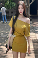 Yellow Shoulder Short-Sleeved T-shirt Dress Women's Summer Design Slim Fit Waist-Slimming Dress Hot Girl Style Hip Skirt - MUSTARD