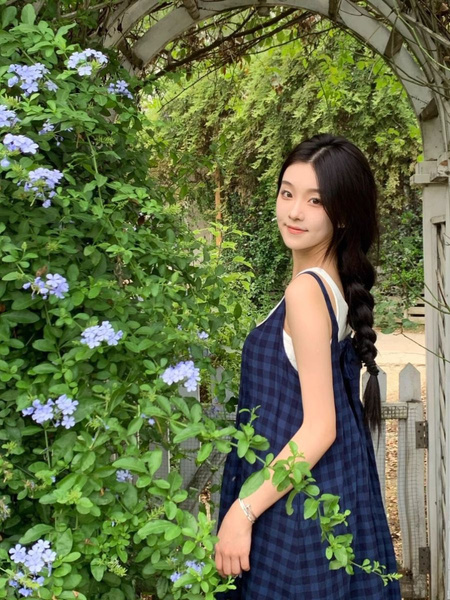 Original Practice! Plaid Sleeveless Dress French Style Mori Style Vintage and Little Fresh Vacation Camisole Long Dress in Navy Blue
