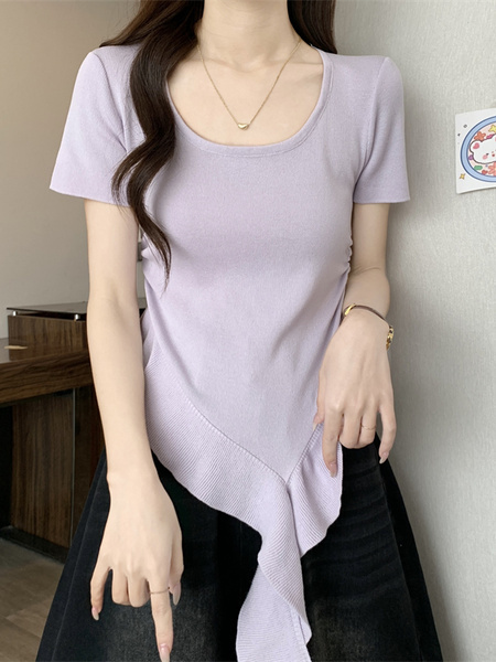 Real shot and real price new style hot girl short sleeve irregular pleated waist ruffled ribbon hem ins top in Lavender