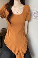 Real shot and real price new style hot girl short sleeve irregular pleated waist ruffled ribbon hem ins top in Rust Orange